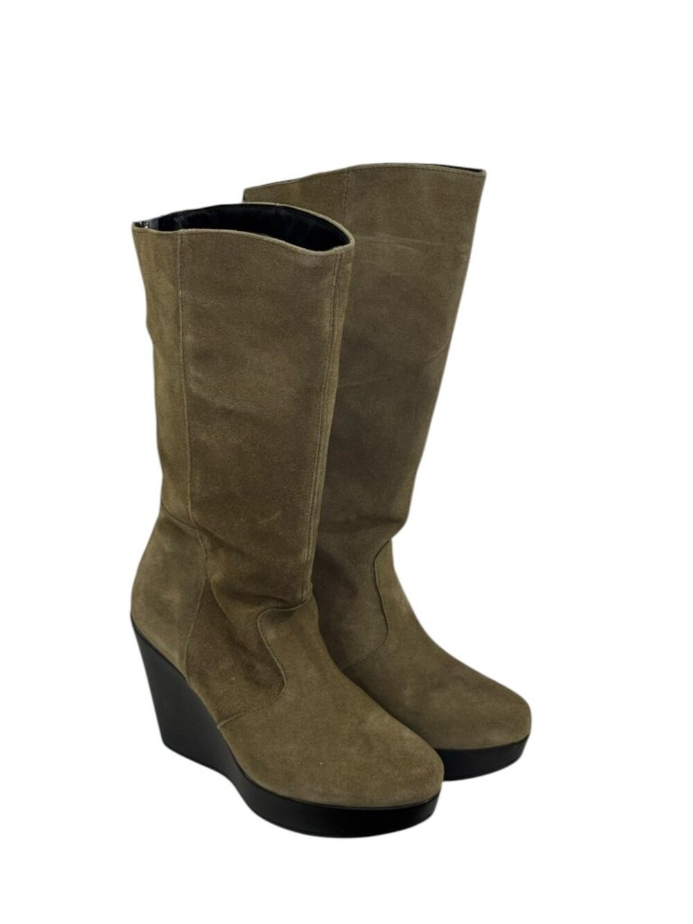 Cuple Suede Knee-High Wedge Boots With Back Zippers In Olive Green 36